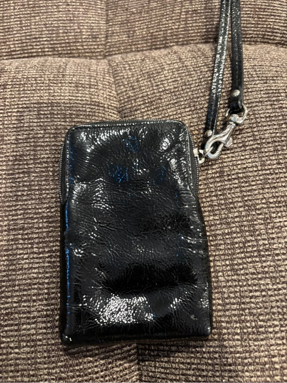 Coach Glossy Black Patent Leather Wristlet Phone Pouch with Strap